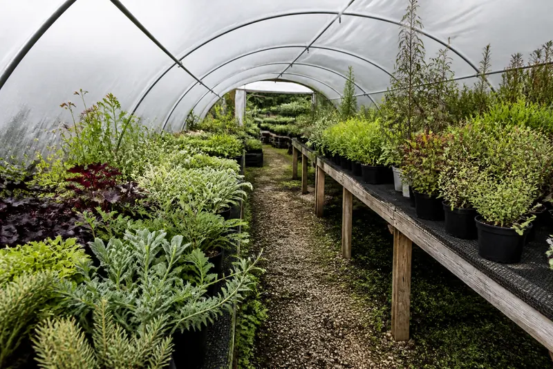 Rows of potted plants in a nursery polytunnel
