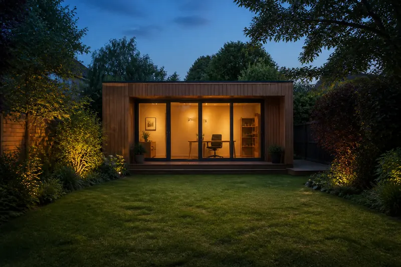 A timber garden room lit up at dusk at the end of a lawn
