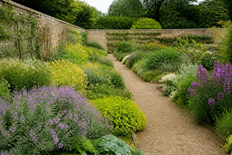 Herbaceous borders in a walled garden in summer
