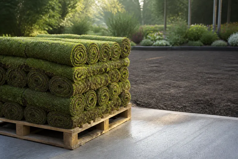Rolls of fresh turf stacked on a pallet beside a prepared garden