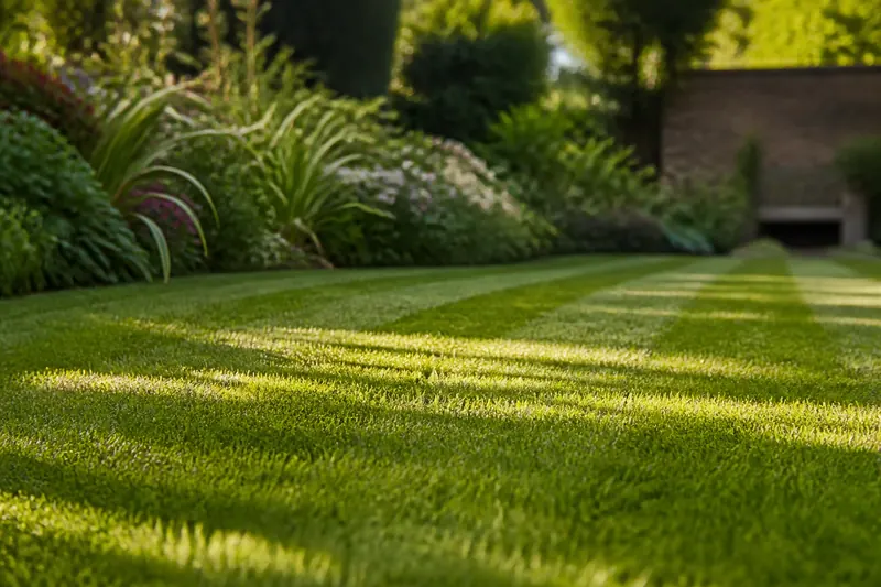 Low evening sun across a striped lawn