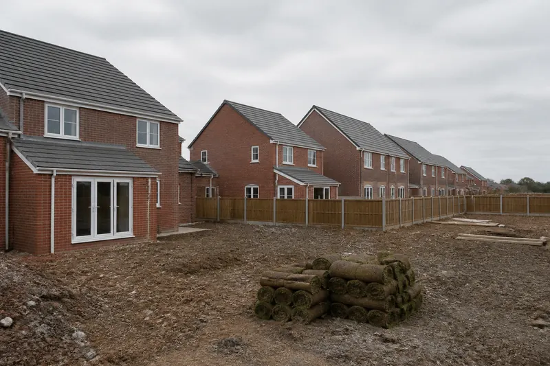 New-build houses with bare, rubble-strewn back gardens