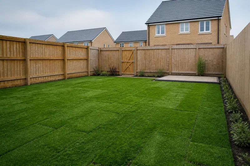 A freshly turfed new-build back garden