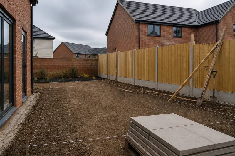 A new-build garden part way through: fence going up and slabs stacked