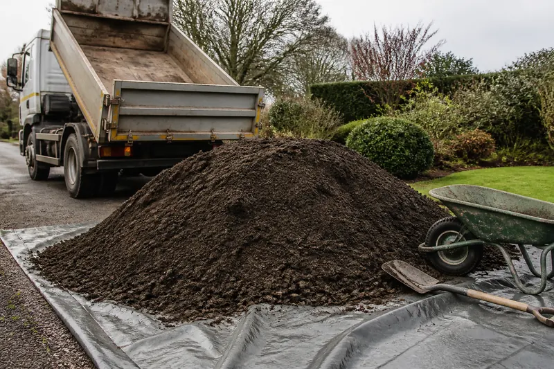 A tipped load of topsoil on a sheet beside a garden, with a wheelbarrow