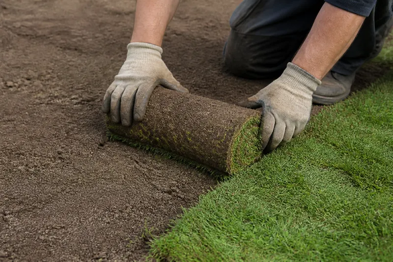 Gloved hands unrolling a strip of turf onto levelled soil